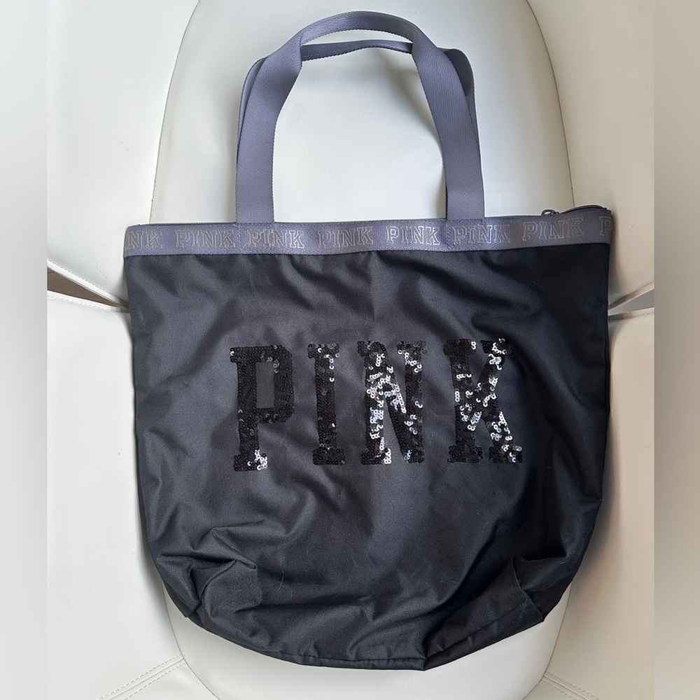 Victoria’s Secret PINK Sequin Gray Black Zippered Travel Tote Bag